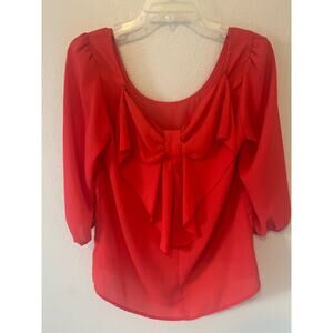 Women's Holiday Cocktail Sheer Red Top with Front Bow Size Small